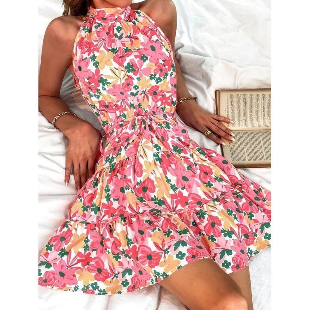 Designer Womens Allover Floral Print Ruffle Hem Belted Dress Size:Large